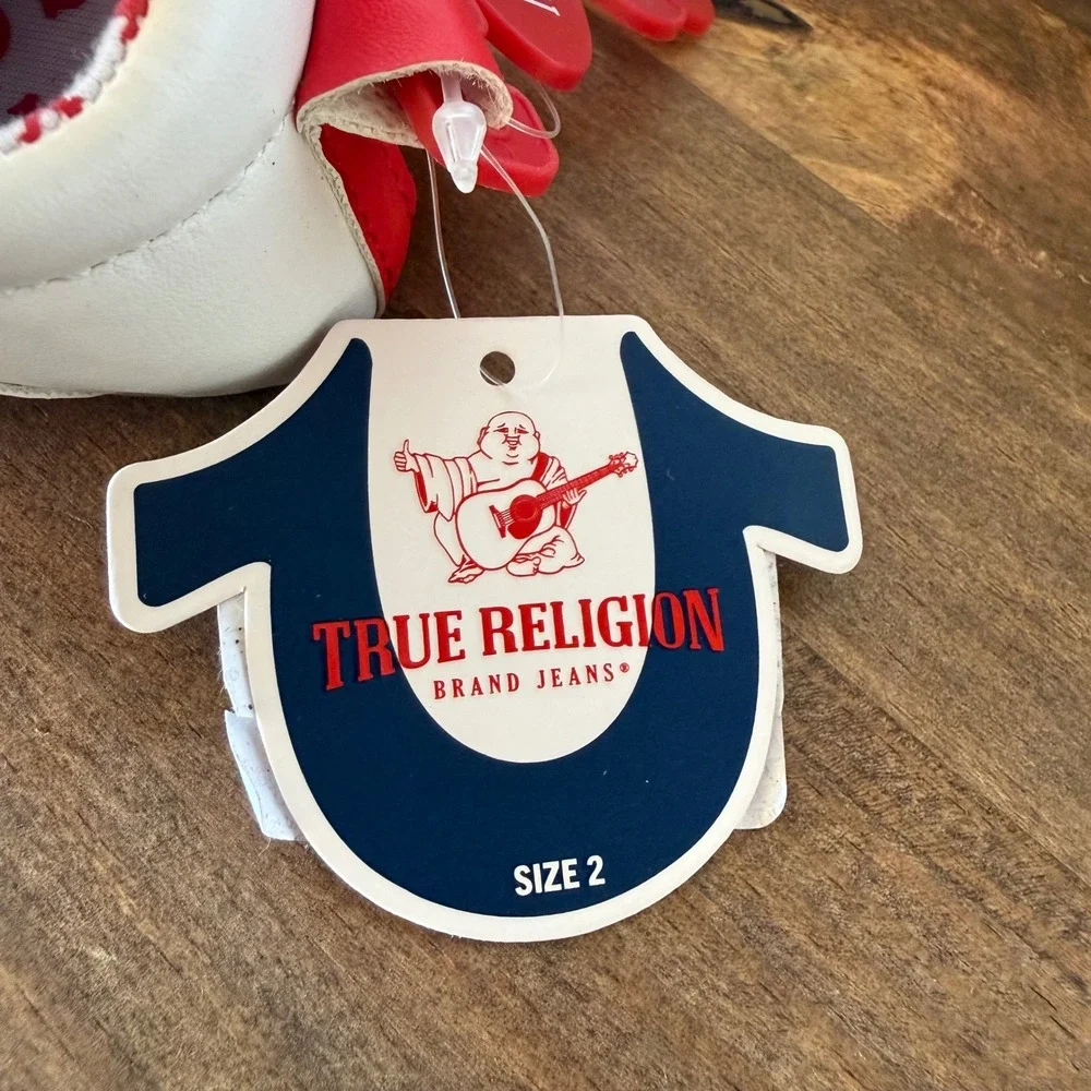 True Religion Baby Soft Sole Crib Shoes Size 2 White Red Hook & Loop NWT